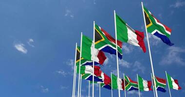 Italy and South Africa Flags Waving Together in the Sky, Seamless Loop in Wind, Space on Left Side for Design or Information, 3D Rendering video