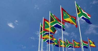 grenada och söder afrika flaggor vinka tillsammans i de himmel, sömlös slinga i vind, Plats på vänster sida för design eller information, 3d tolkning video