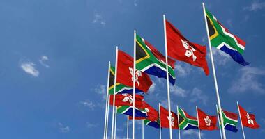 Hong Kong and South Africa Flags Waving Together in the Sky, Seamless Loop in Wind, Space on Left Side for Design or Information, 3D Rendering video