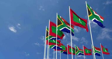 Maldives and South Africa Flags Waving Together in the Sky, Seamless Loop in Wind, Space on Left Side for Design or Information, 3D Rendering video