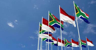 monaco e Sud Africa bandiere agitando insieme nel il cielo, senza soluzione di continuità ciclo continuo nel vento, spazio su sinistra lato per design o informazione, 3d interpretazione video