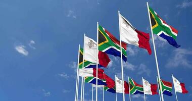 Malta and South Africa Flags Waving Together in the Sky, Seamless Loop in Wind, Space on Left Side for Design or Information, 3D Rendering video