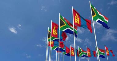 Mongolia and South Africa Flags Waving Together in the Sky, Seamless Loop in Wind, Space on Left Side for Design or Information, 3D Rendering video