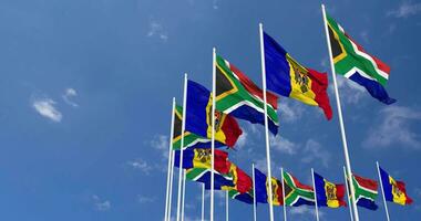 Moldova and South Africa Flags Waving Together in the Sky, Seamless Loop in Wind, Space on Left Side for Design or Information, 3D Rendering video