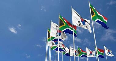 South Korea and South Africa Flags Waving Together in the Sky, Seamless Loop in Wind, Space on Left Side for Design or Information, 3D Rendering video