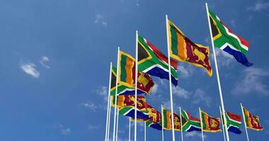 Sri Lanka and South Africa Flags Waving Together in the Sky, Seamless Loop in Wind, Space on Left Side for Design or Information, 3D Rendering video