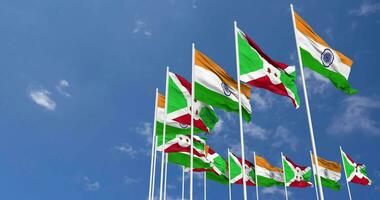 Burundi and India Flags Waving Together in the Sky, Seamless Loop in Wind, Space on Left Side for Design or Information, 3D Rendering video