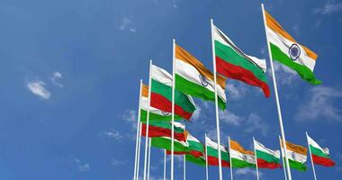 Bulgaria and India Flags Waving Together in the Sky, Seamless Loop in Wind, Space on Left Side for Design or Information, 3D Rendering video