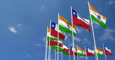 Chile and India Flags Waving Together in the Sky, Seamless Loop in Wind, Space on Left Side for Design or Information, 3D Rendering video