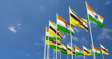 Brunei and India Flags Waving Together in the Sky, Seamless Loop in Wind, Space on Left Side for Design or Information, 3D Rendering video