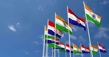 Croatia and India Flags Waving Together in the Sky, Seamless Loop in Wind, Space on Left Side for Design or Information, 3D Rendering video