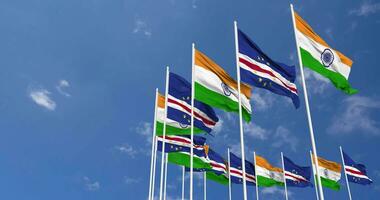 Cape Verde, Cabo Verde and India Flags Waving Together in the Sky, Seamless Loop in Wind, Space on Left Side for Design or Information, 3D Rendering video