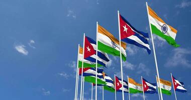 Cuba and India Flags Waving Together in the Sky, Seamless Loop in Wind, Space on Left Side for Design or Information, 3D Rendering video