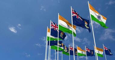 Cayman Islands and India Flags Waving Together in the Sky, Seamless Loop in Wind, Space on Left Side for Design or Information, 3D Rendering video