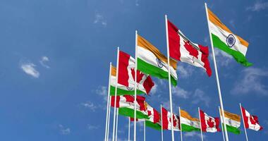 Canada and India Flags Waving Together in the Sky, Seamless Loop in Wind, Space on Left Side for Design or Information, 3D Rendering video