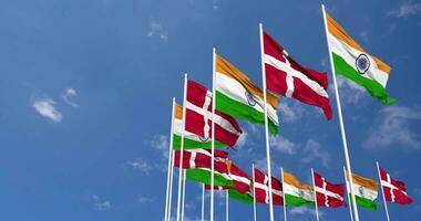 Denmark and India Flags Waving Together in the Sky, Seamless Loop in Wind, Space on Left Side for Design or Information, 3D Rendering video