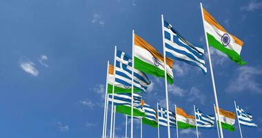 Greece and India Flags Waving Together in the Sky, Seamless Loop in Wind, Space on Left Side for Design or Information, 3D Rendering video