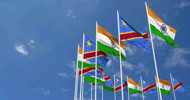 DR Congo and India Flags Waving Together in the Sky, Seamless Loop in Wind, Space on Left Side for Design or Information, 3D Rendering video