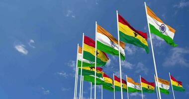 Ghana and India Flags Waving Together in the Sky, Seamless Loop in Wind, Space on Left Side for Design or Information, 3D Rendering video