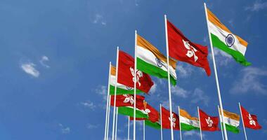 Hong Kong and India Flags Waving Together in the Sky, Seamless Loop in Wind, Space on Left Side for Design or Information, 3D Rendering video