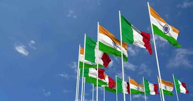 Italy and India Flags Waving Together in the Sky, Seamless Loop in Wind, Space on Left Side for Design or Information, 3D Rendering video