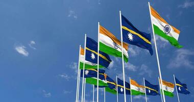 Nauru and India Flags Waving Together in the Sky, Seamless Loop in Wind, Space on Left Side for Design or Information, 3D Rendering video