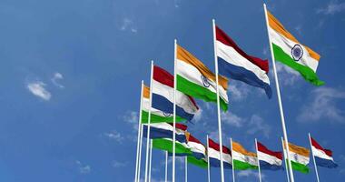 Netherlands and India Flags Waving Together in the Sky, Seamless Loop in Wind, Space on Left Side for Design or Information, 3D Rendering video