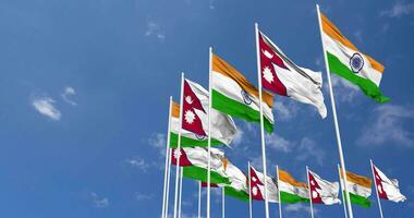 Nepal and India Flags Waving Together in the Sky, Seamless Loop in Wind, Space on Left Side for Design or Information, 3D Rendering video