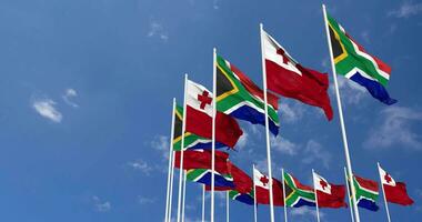 Tonga and South Africa Flags Waving Together in the Sky, Seamless Loop in Wind, Space on Left Side for Design or Information, 3D Rendering video