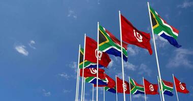 Tunisia and South Africa Flags Waving Together in the Sky, Seamless Loop in Wind, Space on Left Side for Design or Information, 3D Rendering video