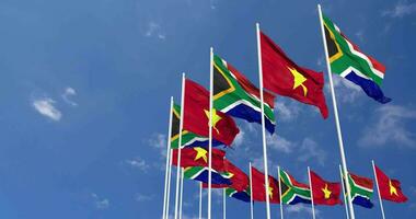 Vietnam and South Africa Flags Waving Together in the Sky, Seamless Loop in Wind, Space on Left Side for Design or Information, 3D Rendering video