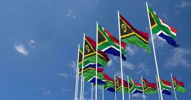 Vanuatu and South Africa Flags Waving Together in the Sky, Seamless Loop in Wind, Space on Left Side for Design or Information, 3D Rendering video