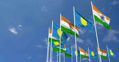 Palau and India Flags Waving Together in the Sky, Seamless Loop in Wind, Space on Left Side for Design or Information, 3D Rendering video