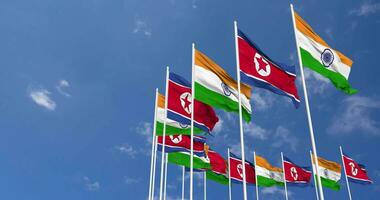 North Korea and India Flags Waving Together in the Sky, Seamless Loop in Wind, Space on Left Side for Design or Information, 3D Rendering video