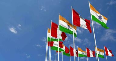 Peru and India Flags Waving Together in the Sky, Seamless Loop in Wind, Space on Left Side for Design or Information, 3D Rendering video