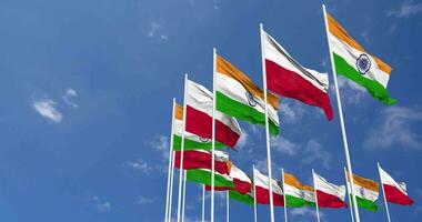 Poland and India Flags Waving Together in the Sky, Seamless Loop in Wind, Space on Left Side for Design or Information, 3D Rendering video