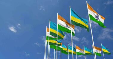 Rwanda and India Flags Waving Together in the Sky, Seamless Loop in Wind, Space on Left Side for Design or Information, 3D Rendering video