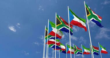 Equatorial Guinea and South Africa Flags Waving Together in the Sky, Seamless Loop in Wind, Space on Left Side for Design or Information, 3D Rendering video