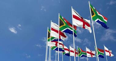 England and South Africa Flags Waving Together in the Sky, Seamless Loop in Wind, Space on Left Side for Design or Information, 3D Rendering video