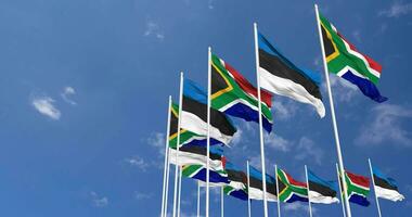 Estonia and South Africa Flags Waving Together in the Sky, Seamless Loop in Wind, Space on Left Side for Design or Information, 3D Rendering video