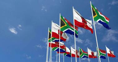 Gibraltar and South Africa Flags Waving Together in the Sky, Seamless Loop in Wind, Space on Left Side for Design or Information, 3D Rendering video