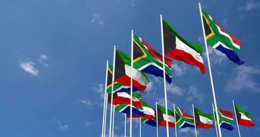 Kuwait and South Africa Flags Waving Together in the Sky, Seamless Loop in Wind, Space on Left Side for Design or Information, 3D Rendering video