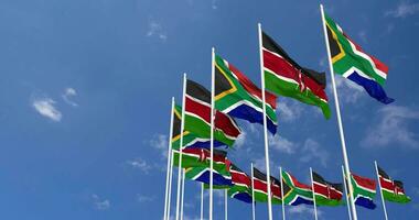 Kenya and South Africa Flags Waving Together in the Sky, Seamless Loop in Wind, Space on Left Side for Design or Information, 3D Rendering video