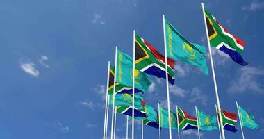 Kazakhstan and South Africa Flags Waving Together in the Sky, Seamless Loop in Wind, Space on Left Side for Design or Information, 3D Rendering video