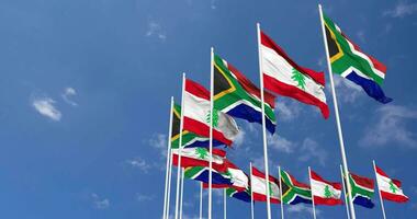 Lebanon and South Africa Flags Waving Together in the Sky, Seamless Loop in Wind, Space on Left Side for Design or Information, 3D Rendering video