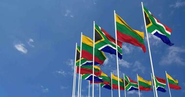 Lithuania and South Africa Flags Waving Together in the Sky, Seamless Loop in Wind, Space on Left Side for Design or Information, 3D Rendering video