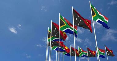 Papua New Guinea and South Africa Flags Waving Together in the Sky, Seamless Loop in Wind, Space on Left Side for Design or Information, 3D Rendering video