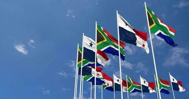 Panama and South Africa Flags Waving Together in the Sky, Seamless Loop in Wind, Space on Left Side for Design or Information, 3D Rendering video