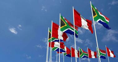 Peru and South Africa Flags Waving Together in the Sky, Seamless Loop in Wind, Space on Left Side for Design or Information, 3D Rendering video