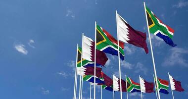 Qatar and South Africa Flags Waving Together in the Sky, Seamless Loop in Wind, Space on Left Side for Design or Information, 3D Rendering video